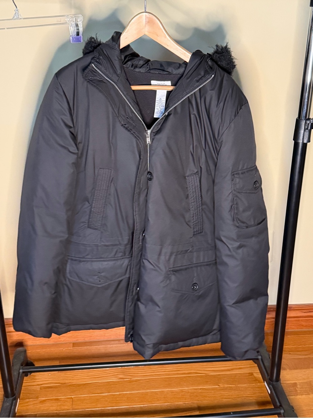 LOFT Black Hooded Puffer Coat with Fur-Trim